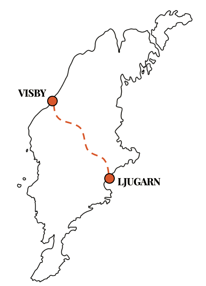 Karta över Gotland med vägen från Visby till Ljugarn